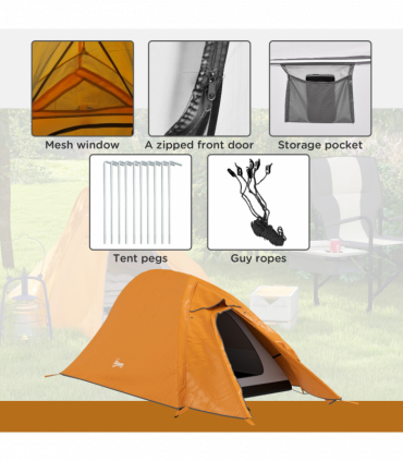 Outsunny Double Layer Camping Tent for 1-2 Man, 2000mm Waterproof, Orange