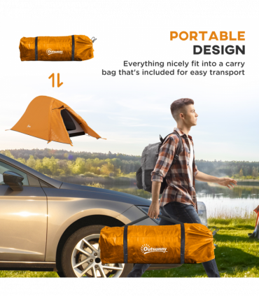 Outsunny Double Layer Camping Tent for 1-2 Man, 2000mm Waterproof, Orange