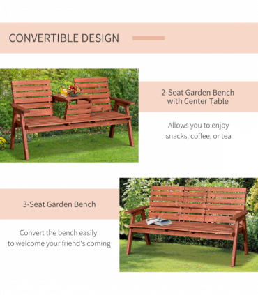 Outsunny Fir Wood Convertible 2 to 3 Seater Outdoor Garden Bench Wood Tone