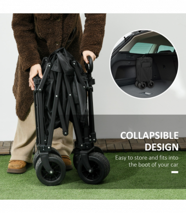 Outsunny Foldable Garden Cart, Outdoor Utility Wagon with Carry Bag, Black