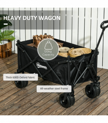 Outsunny Foldable Garden Cart, Outdoor Utility Wagon with Carry Bag, Black