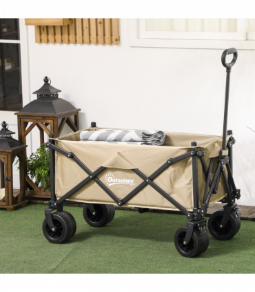 Outsunny Foldable Garden Cart, Outdoor Utility Wagon with Carry Bag, Khaki