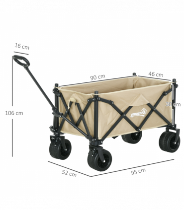 Outsunny Foldable Garden Cart, Outdoor Utility Wagon with Carry Bag, Khaki