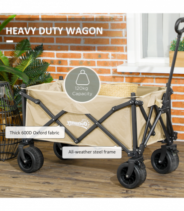 Outsunny Foldable Garden Cart, Outdoor Utility Wagon with Carry Bag, Khaki