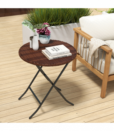 Outsunny Foldable Outdoor Coffee Table, Metal Frame Rattan Side Table, Brown