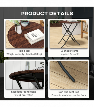 Outsunny Foldable Outdoor Coffee Table, Metal Frame Rattan Side Table, Brown