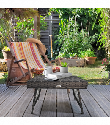 Outsunny Foldable Outdoor Coffee Table, Metal Frame Rattan Side Table, Grey