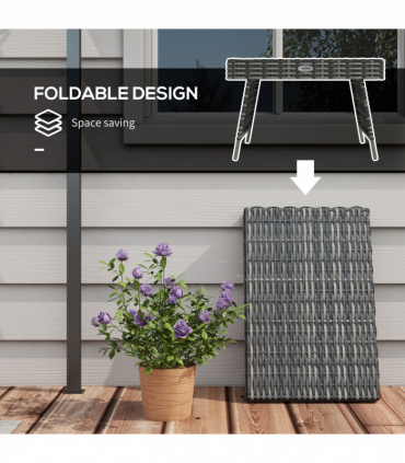 Outsunny Foldable Outdoor Coffee Table, Metal Frame Rattan Side Table, Grey