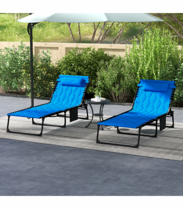 Outsunny Foldable Sun Lounger Set, 2 Pieces Sun Lounger w/ Padded Seat Blue