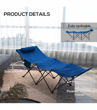 Outsunny Foldable Sun Lounger w/ Side Pocket, Oxford Headrest Sun Lounger, Blue