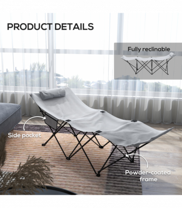 Outsunny Foldable Sun Lounger w/ Side Pocket, Oxford Headrest Sun Lounger, Grey