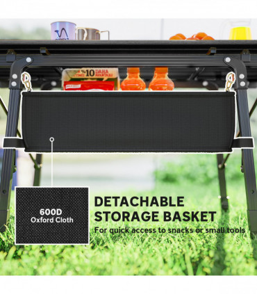 Outsunny Folding Camping Table w/ Adjustable Height, Storage Basket, Black