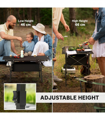 Outsunny Folding Camping Table w/ Adjustable Height, Storage Basket, Black