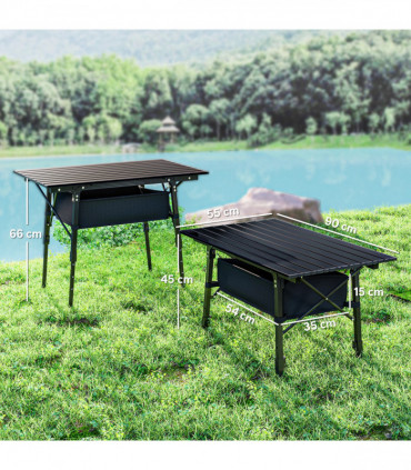 Outsunny Folding Camping Table w/ Adjustable Height, Storage Basket, Black