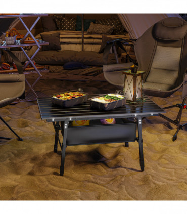 Outsunny Folding Camping Table w/ Adjustable Height, Storage Basket, Black