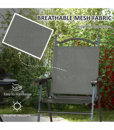 Outsunny Folding Chairs Set with Armrest, Breathable Mesh Fabric Seat, Dark Grey