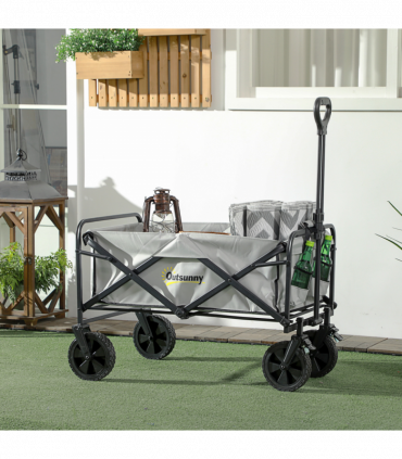 Outsunny Folding Outdoor Storage Trolley Cart Bag Telescopic Handle Brakes Grey