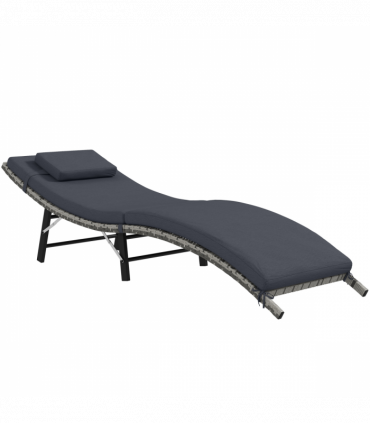 Outsunny Folding Rattan Sun Lounger Outdoor Chair with Cushion and Pillow, Grey