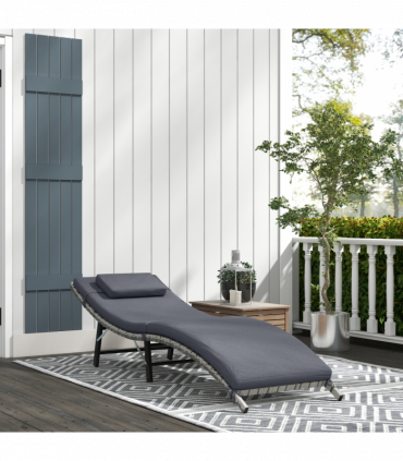 Outsunny Folding Rattan Sun Lounger Outdoor Chair with Cushion and Pillow, Grey