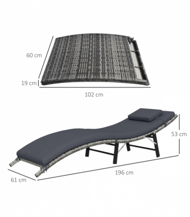 Outsunny Folding Rattan Sun Lounger Outdoor Chair with Cushion and Pillow, Grey