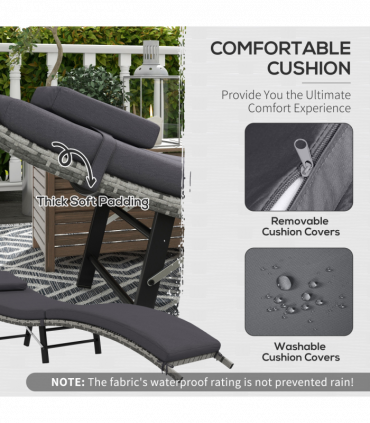 Outsunny Folding Rattan Sun Lounger Outdoor Chair with Cushion and Pillow, Grey