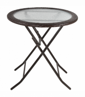 Outsunny Folding Round Tempered Glass Metal Table with Brown Rattan Edging