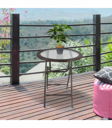 Outsunny Folding Round Tempered Glass Metal Table with Brown Rattan Edging