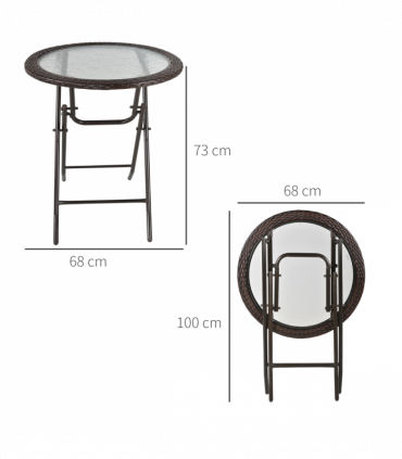 Outsunny Folding Round Tempered Glass Metal Table with Brown Rattan Edging