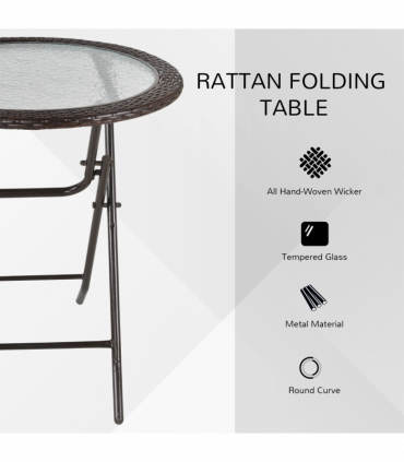 Outsunny Folding Round Tempered Glass Metal Table with Brown Rattan Edging