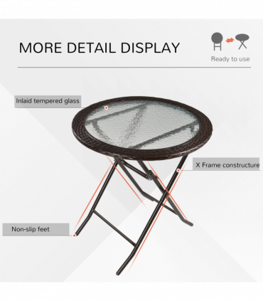 Outsunny Folding Round Tempered Glass Metal Table with Brown Rattan Edging