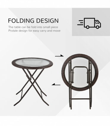 Outsunny Folding Round Tempered Glass Metal Table with Brown Rattan Edging