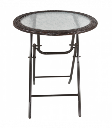 Outsunny Folding Round Tempered Glass Metal Table with Brown Rattan Edging