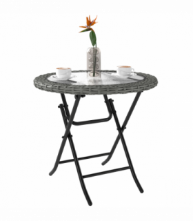 Outsunny Folding Round Tempered Glass Metal Table with Grey Rattan Edging