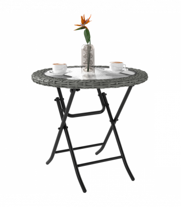 Outsunny Folding Round Tempered Glass Metal Table with Grey Rattan Edging