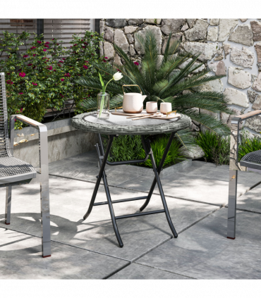 Outsunny Folding Round Tempered Glass Metal Table with Grey Rattan Edging