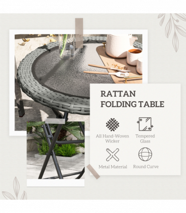 Outsunny Folding Round Tempered Glass Metal Table with Grey Rattan Edging