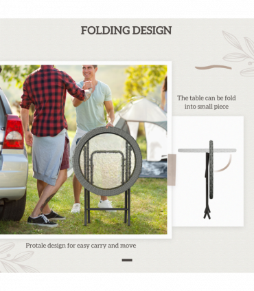 Outsunny Folding Round Tempered Glass Metal Table with Grey Rattan Edging