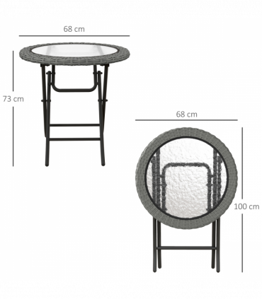 Outsunny Folding Round Tempered Glass Metal Table with Grey Rattan Edging