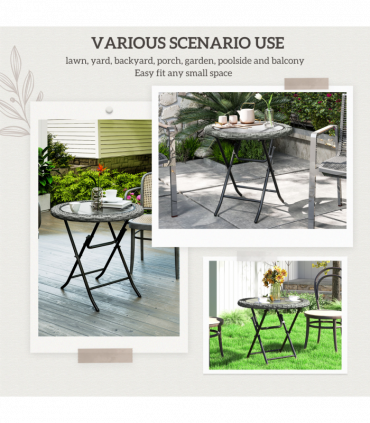 Outsunny Folding Round Tempered Glass Metal Table with Grey Rattan Edging