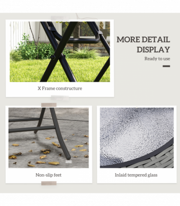 Outsunny Folding Round Tempered Glass Metal Table with Grey Rattan Edging