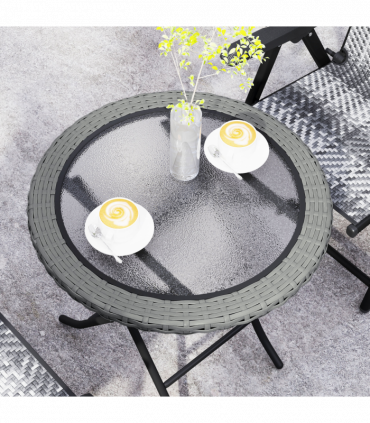 Outsunny Folding Round Tempered Glass Metal Table with Grey Rattan Edging