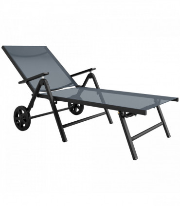 Outsunny Folding Sun Lounger w/ Wheels, 5-Position Adjustable Sunbed, Grey