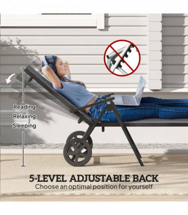 Outsunny Folding Sun Lounger w/ Wheels, 5-Position Adjustable Sunbed, Grey