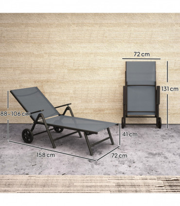 Outsunny Folding Sun Lounger w/ Wheels, 5-Position Adjustable Sunbed, Grey
