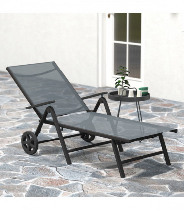 Outsunny Folding Sun Lounger w/ Wheels, 5-Position Adjustable Sunbed, Grey