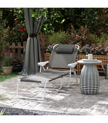 Outsunny Folding Sun Lounger with 4-Level Backrest & Headrest, Charcoal Grey