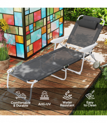 Outsunny Folding Sun Lounger with 4-Level Backrest & Headrest, Charcoal Grey