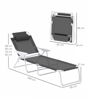 Outsunny Folding Sun Lounger with 4-Level Backrest & Headrest, Charcoal Grey