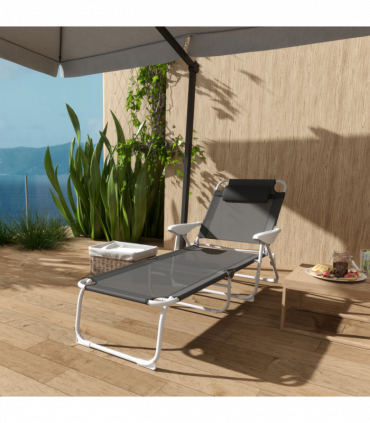 Outsunny Folding Sun Lounger with 4-Level Backrest & Headrest, Charcoal Grey