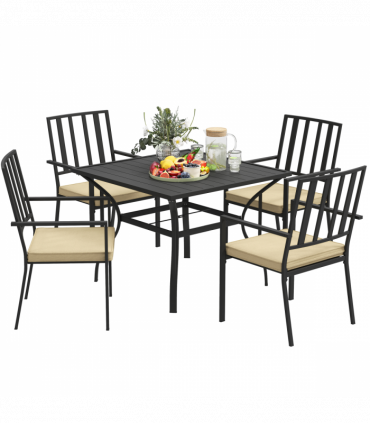 Outsunny Garden Dining Set w/ 4 Stackable Cushioned Chairs and Metal Top Table